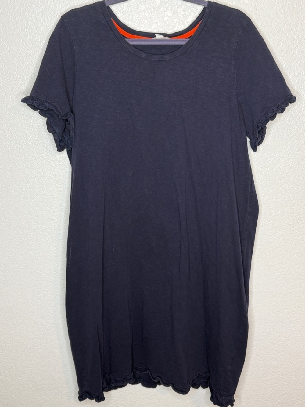 Boden Navy Slub Cotton Ruffle Trim Tee Shirt Dress Size 18L Classic Preppy